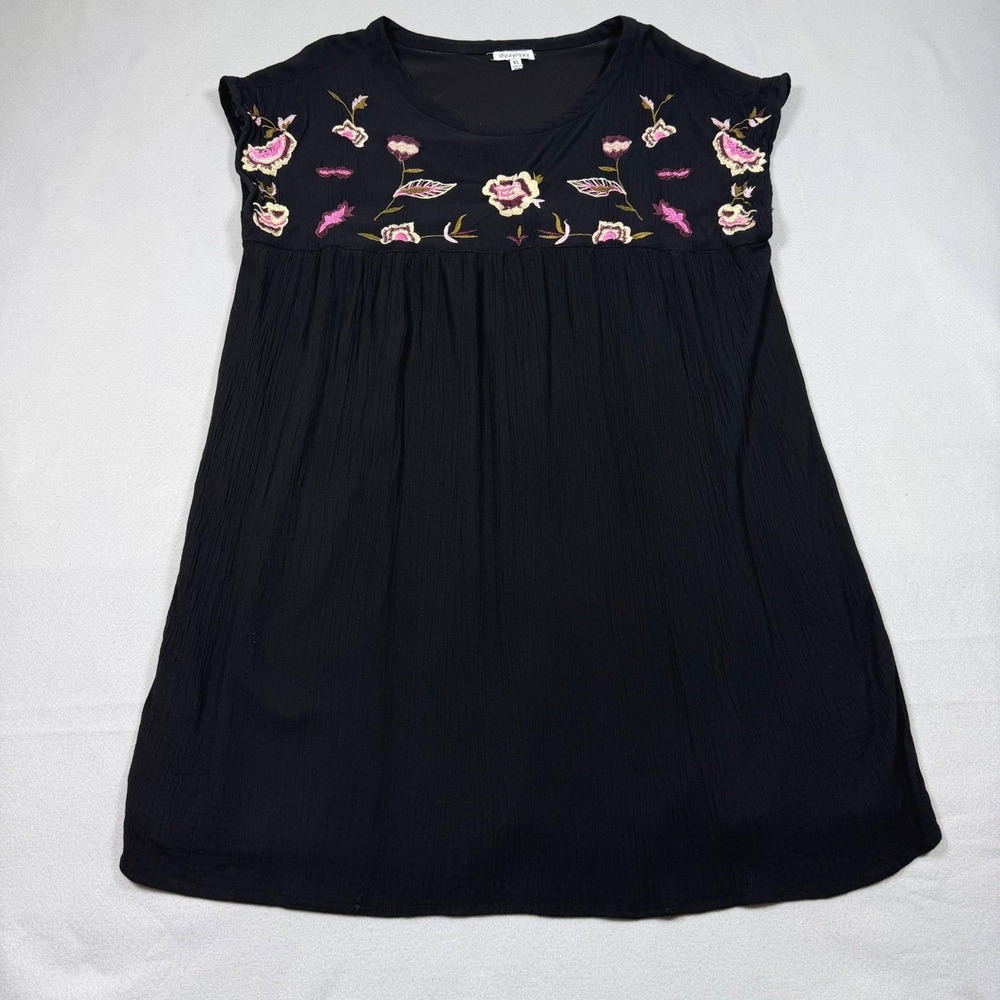 Dizzylissy Womens XL Black Floral Embroidered Sleeveless Gauze Tunic Top Blouse